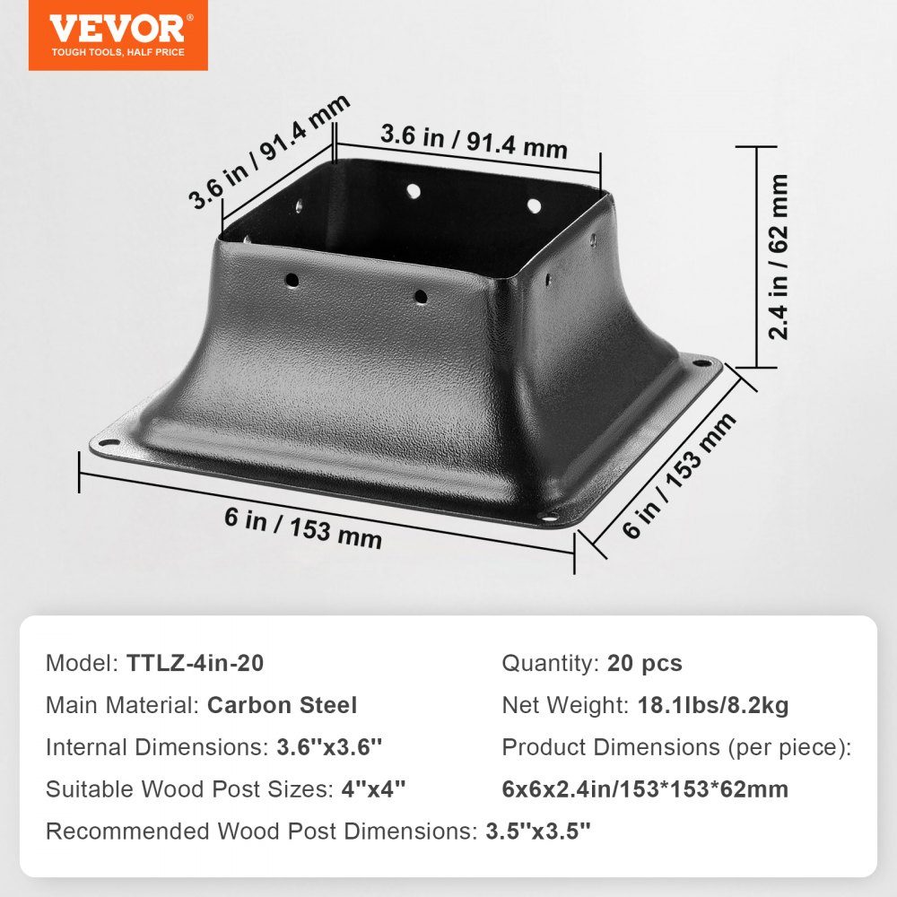 Set of 20 screw-on sleeves 153 x 153 x 62 mm Post base Carbon steel post shoe Post base Ground sleeve Support base Ideal for porch railings, pergolas and columns