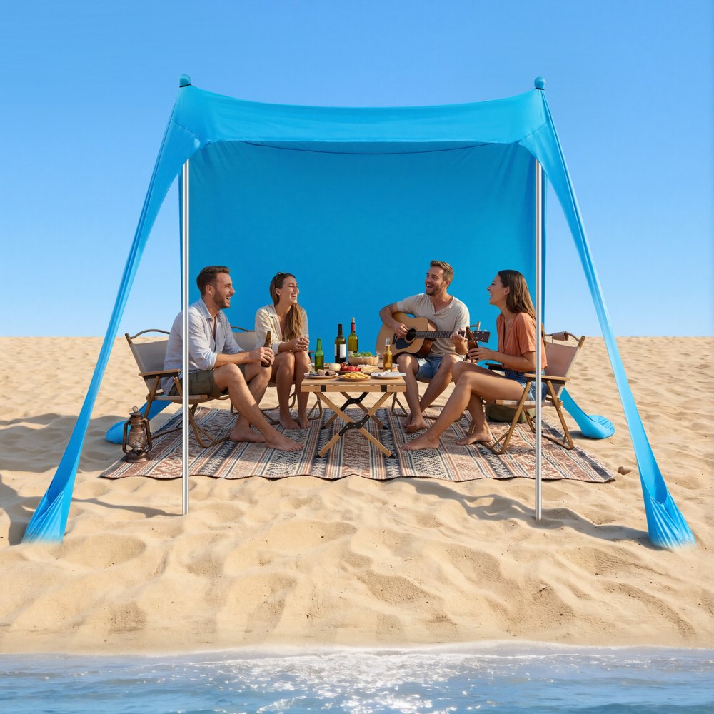 Tente de plage avec pare-soleil (UPF 50+) 2,3 x 2,3 x 2 m, abri de plage avec poteaux de support et pelles à sable, auvent portable pour les voyages en famille, le camping, la pêche, bleu Tente de plage avec pare-soleil (UPF 50+) 2,3 x 2,3 x 2 m, abri de plage avec poteaux de support et pelles à sable, auvent portable pour les voyages en famille, le camping, la pêche, bleu