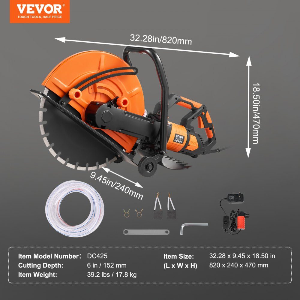 Electric Concrete Saw 406mm Heavy Duty Circular Saw 2800W Cutting Depth 152mm Wet/Dry Disc Saw with Water Pipe Water Pump Saw Blade for Stone and Brick