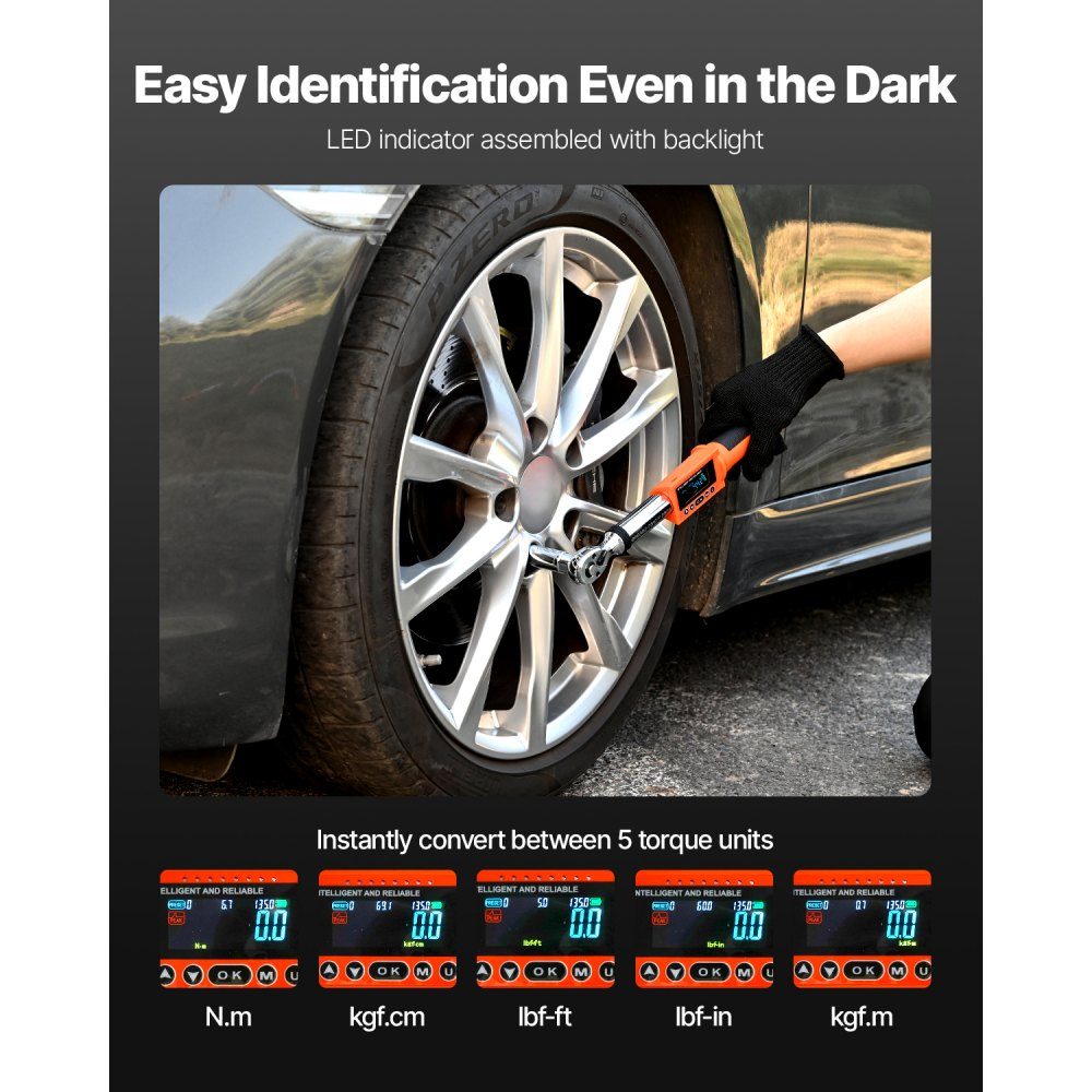 3/8" Drive (6.7-135Nm) Digital Torque Wrench Set, 72 Teeth, ±2% Precise Electronic Torque Wrench with Preset Value and LED Notification for Car Repair