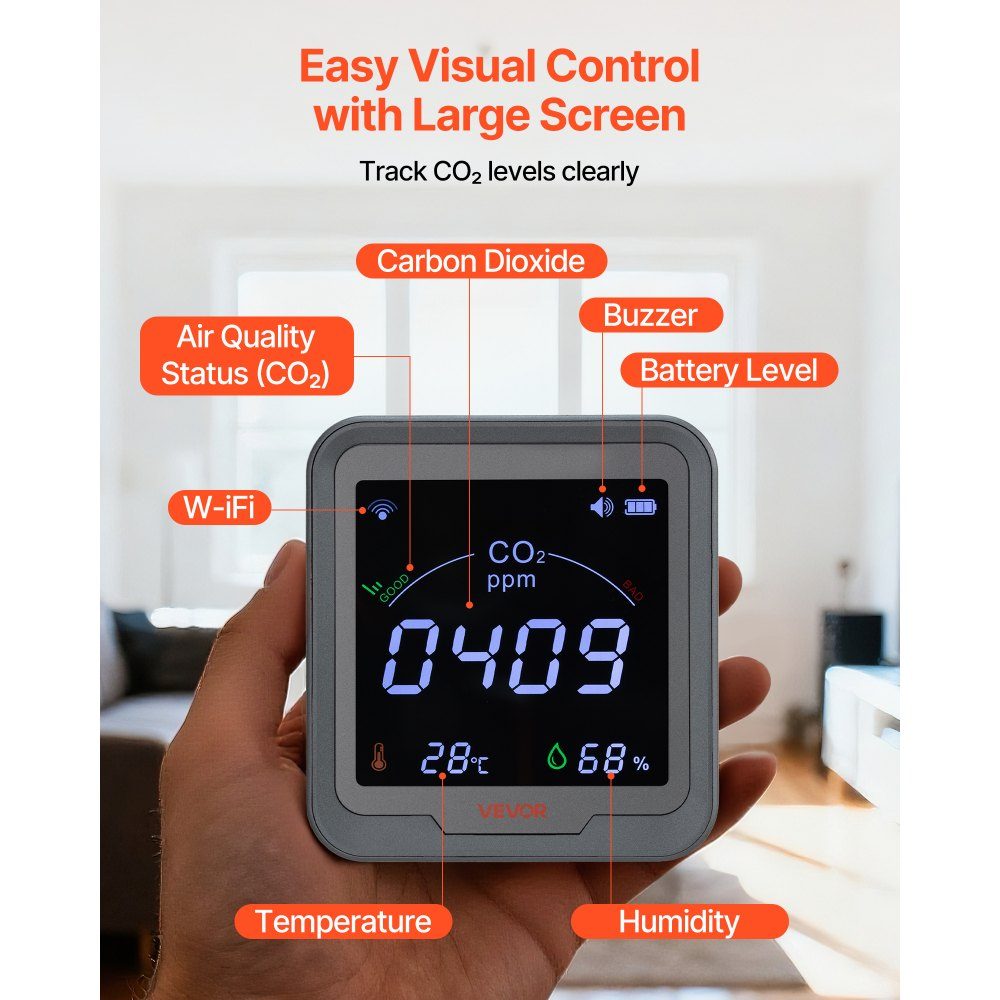 WiFi CO2 Detector, CO2 Monitor with Temperature and Humidity Display, NDIR Sensor, Carbon Dioxide Meter, CO2 Alarm for Outdoor Home Office Car Wall Mounted