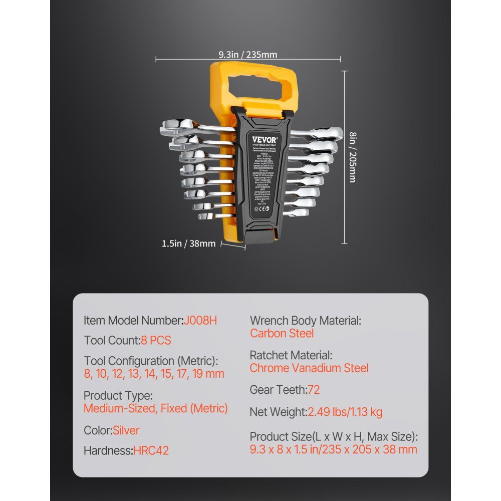 Wrench Set, 8 Piece Ratchet Wrench Set with Organizer Rack, Cr-V Steel Metric 8mm to 19mm Wrench Set, Ideal for General Car Repairs in Home, Garage, Workshop