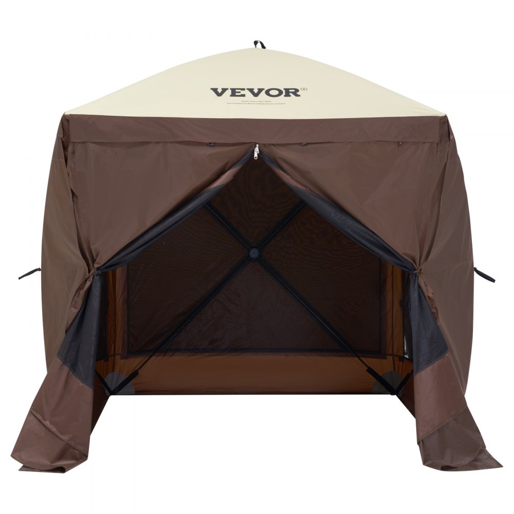 Pop-Up-Pavillon-Zelt, Pop-Up-Zelt mit 4 Seitenüberdachungen, Sonnenschutz mit 4 abnehmbaren Sichtschutz-Windtüchern und Netzfenstern, 6 x 6 Fuß, schnell aufzubauendes Zelt mit Moskitonetz, Braun