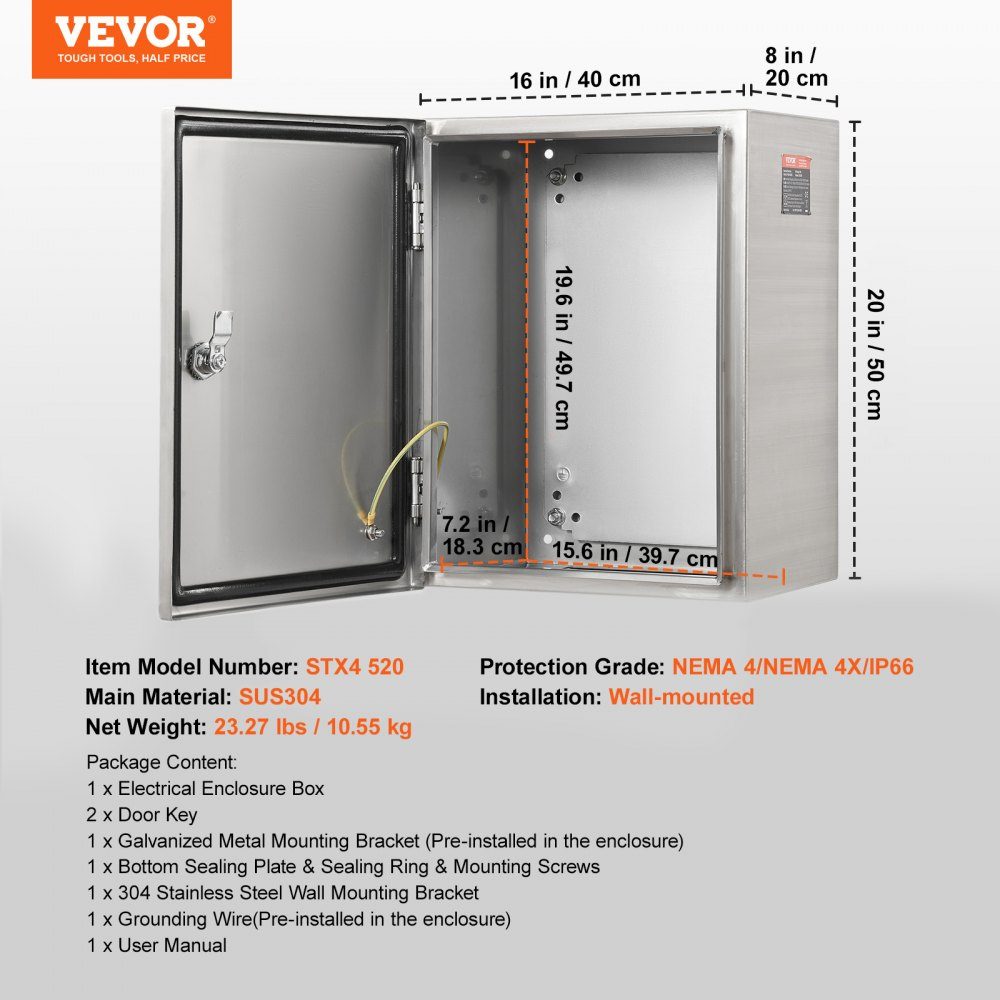 Boîtier électrique en acier inoxydable 20" x 16" x 8", IP66-Wandmontagebox