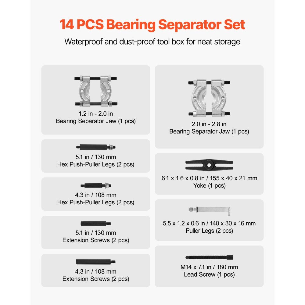 Bearing puller-Satz 14-teilig. 5T Bearing Separator, Pinion Wheel Bearing Removal Kit with 2/2.8" Jaws, Heavy Duty Bearing Separator Tool Kit with Case Puller Set