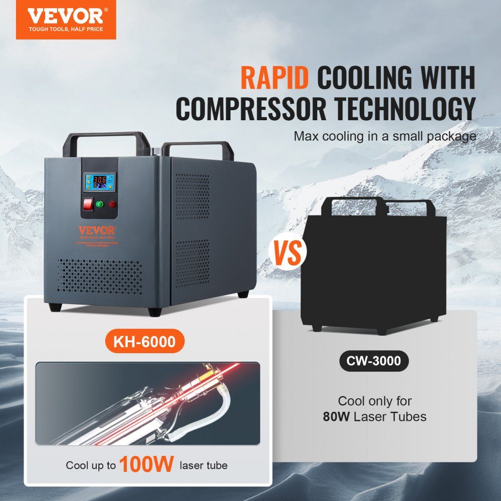 Industrial Water Chiller, KH-6000, 200W Industrial Water Chiller Cooling System with Compressor, 12L Water Tank Capacity, 7.8L/min Maximum Flow Rate, for CO2 Laser Engraving Machine Cooling Machine