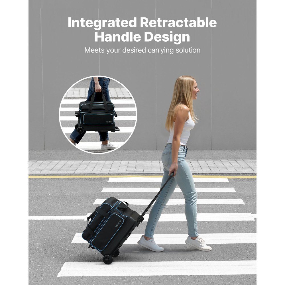 Bowlingballtasche für 3 Bälle mit Doppelrädern und separatem Fach für Schuhe (bis US-Größe 16) und übergroßer Zubehörtasche, ausziehbarer Griff, ausziehbar auf 105 cm, Schwarz + Blau