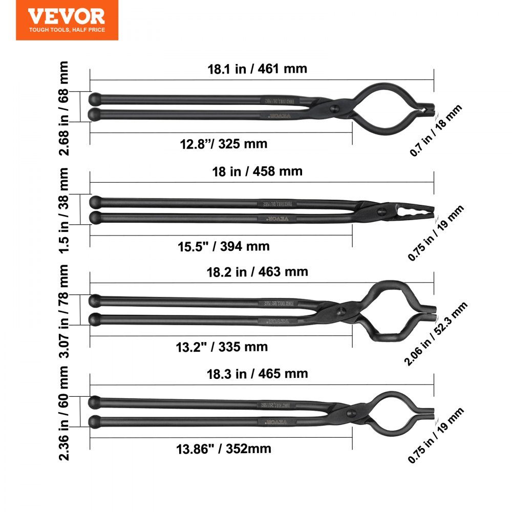 Schmiedezangen-Set, V-Bit, Wolf, ZV, Greifzange 4-teilig. Schmiedezange aus Kohlenstoffstahl, 465 x 60 x 19 mm / 461 x 68 x 18 mm / 458 x 38 x 19,0 mm / 463 x 78 x 52,3 mm, mit verlängertem Griff
