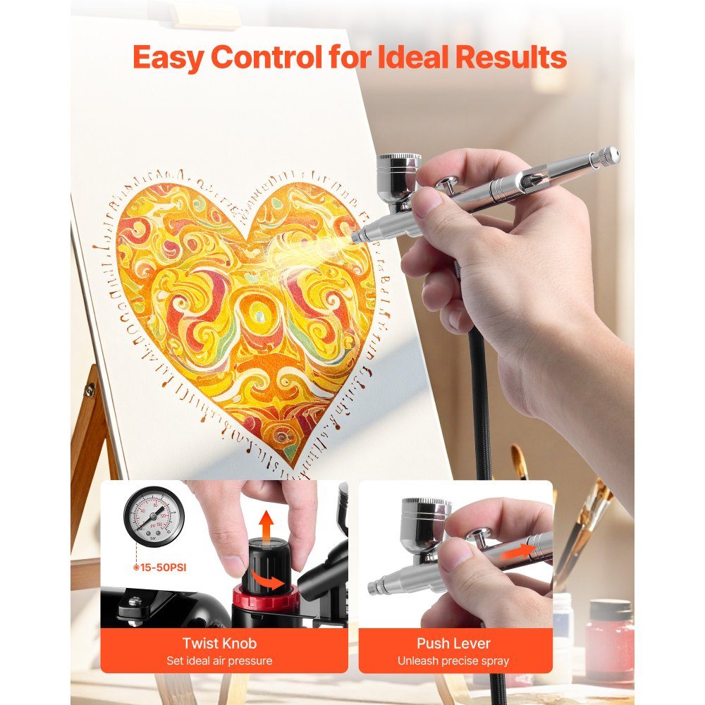 Airbrush Set 1/6 HP with Air Compressor & Tank, 1 Dual Action Airbrush Gun with 3 Nozzles (0.2/0.3/0.5mm) & Hose & Acrylic Paint & 1 Fan, for Cake Decoration, Model Painting, Nail Art