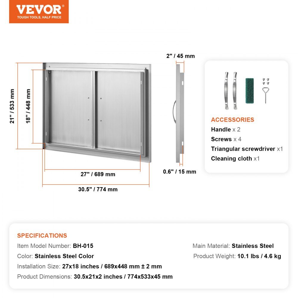 Grill Access Door 774x533mm Double Outdoor Kitchen Door Flush Mount Stainless Steel Door Vertical Wall Door with Handles for Grill Island Grill Station Outdoor Cabinet