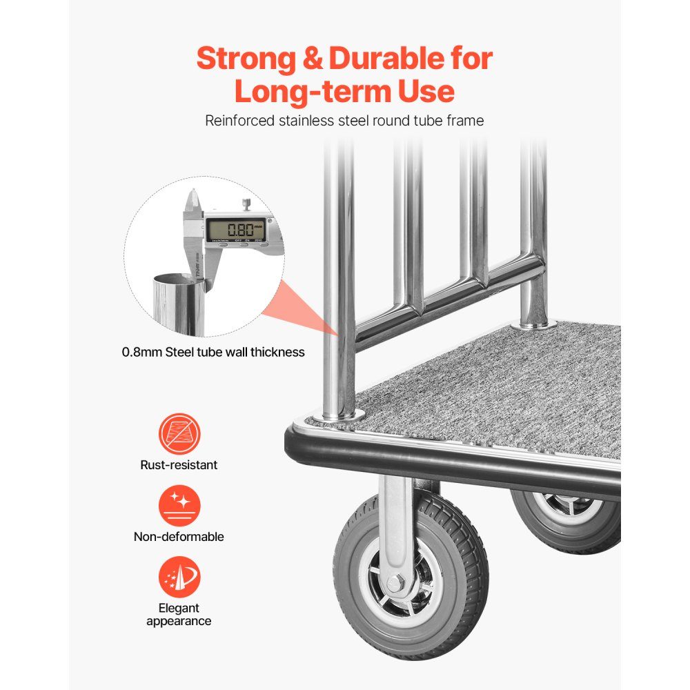 Hotel Luggage Cart, 1,000 Pound Capacity, Hotel Cart, Bellboy Cart, Luggage Cart, Valet Cart with Gray Carpet Floor and 8" Rubber Wheels, Ideal for Hotels, Condos, Resorts, Silver