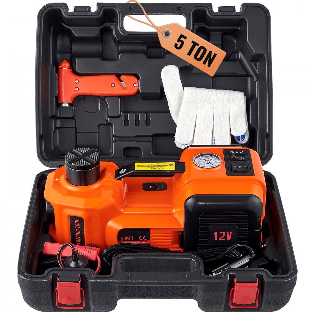 Elektro-Wagenheber 5 t, 180 W Elektro-Hydraulik-Wagenheber Hubbereich 155 bis 450 mm Hydraulik-Wagenheber für PKW und SUV inklusive Batterieclip sowie Werkzeugkasten und Stromkabel