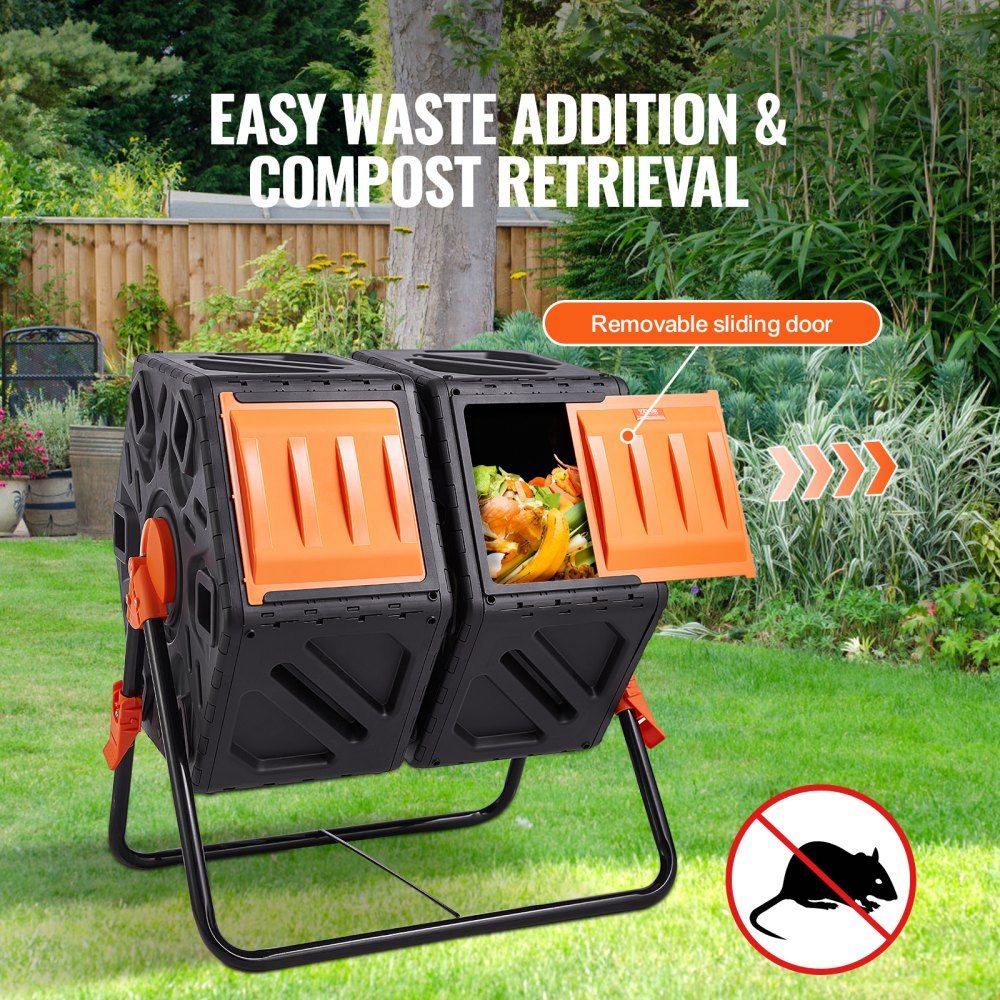 Trommelcomposter 140 L, trommelcomposter roterende dubbelkamer-trommelcomposter 785 x 605 x 795 mm, 40 kg zware tuincomposter incl. handschoenen
