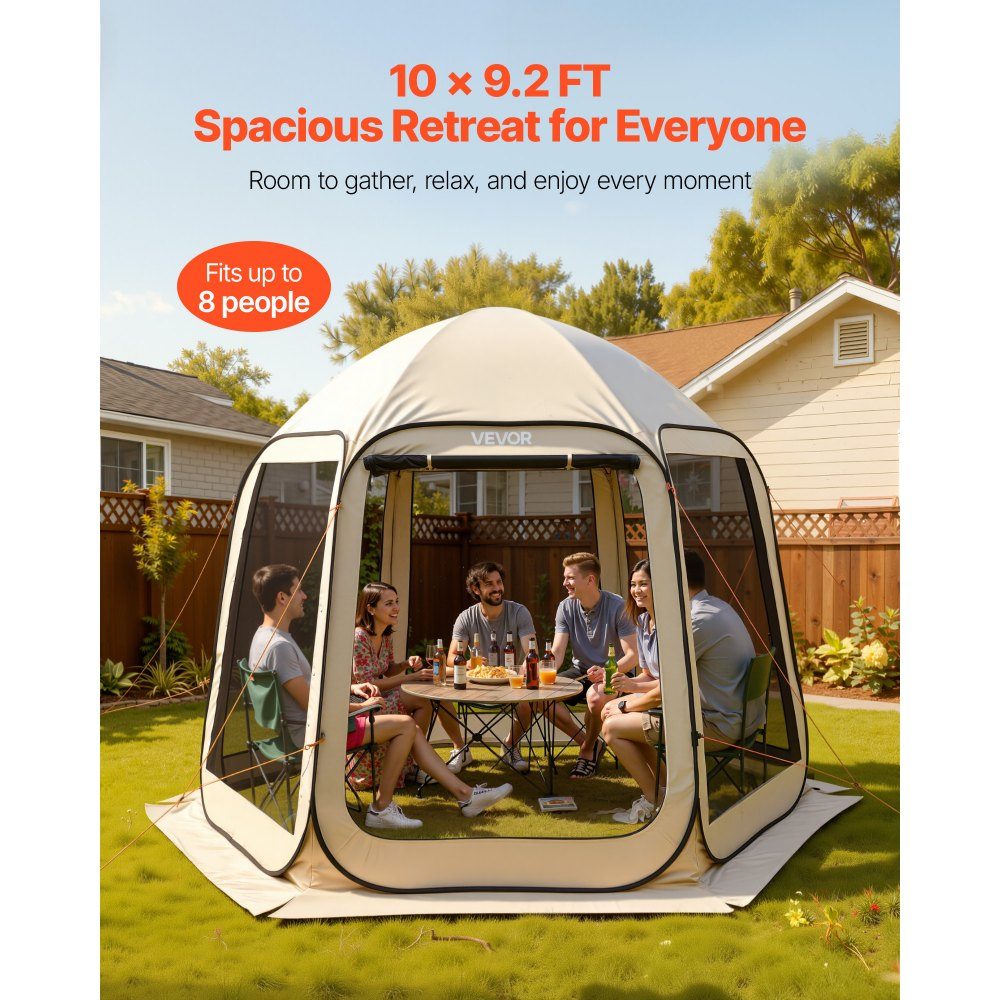Pop-up tent 3304,8 x 280,4 cm, kampeertent voor 4-8 personen, partytent inclusief draagtas, zijwanden van gaas en haringen, voor tuin, terras en buitenactiviteiten, beige