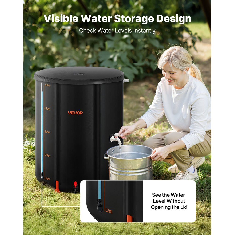 Foldable Rain Barrel 201L Portable Rain Barrel Rainwater Tank 1000D PVC Rainwater Collection System Water Tank Rainwater Barrel with Faucet and Overflow Kit Black