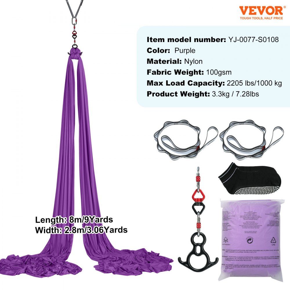 Aerial Yoga Hammock Set 8 x 2.8 m, Purple Aerial Yoga Swing Air Flies, Indoor Aerial Yoga Hammock Swing 1000 kg Max. Load Capacity, Includes Yoga Socks, Steel Carabiner and Aluminum Swivel