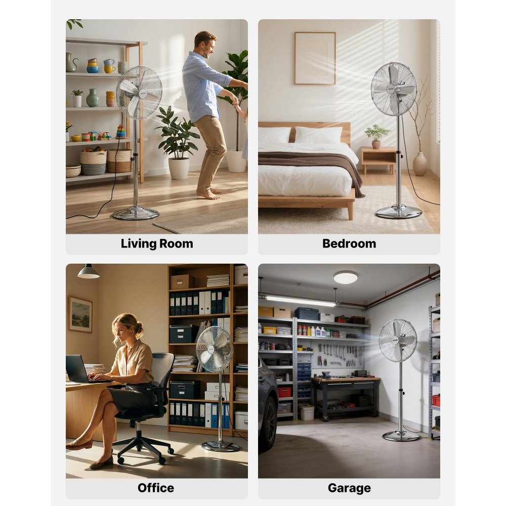 Pedestal fan φ44.5 cm, industrial fan with handle, 75° oscillating, 88.5 to 123 cm height adjustable, metal wind machine, suitable for commercial, garage, workshop and home, silver