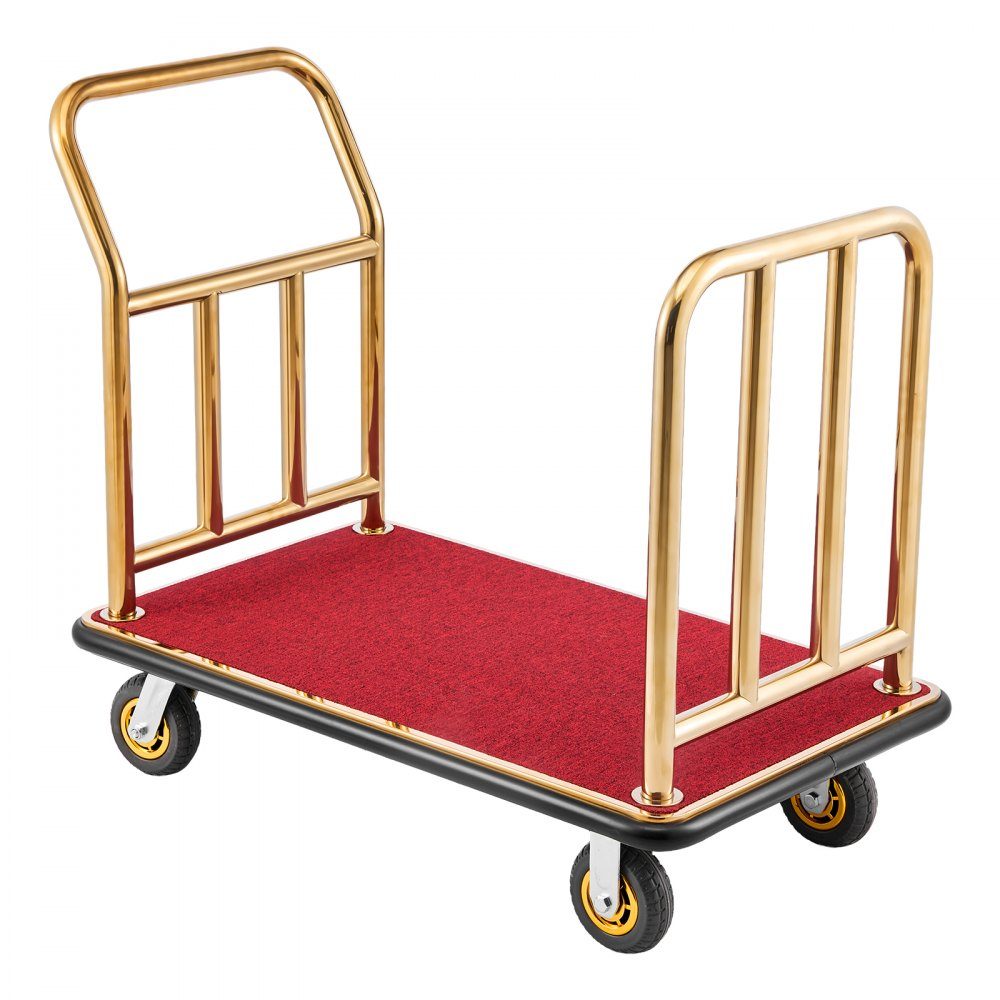 Stainless Steel Hotel Luggage Cart, 800lb Heavy Duty Luggage Cart with 6" Rubber Wheels, Red Carpet Hotel Cart, Commercial Platform Cart for Hotels, Vacation Rentals, Resorts, Gold