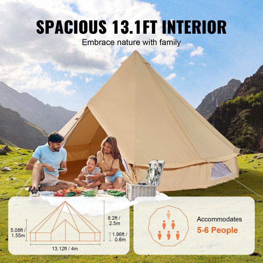 Tente cloche 4x2,5 m Tente de yourte TC coton et poteaux en fer robustes avec tapis de sol en PVC Tente de camping Tente familiale pour 6 personnes Tente de groupe à 8 fenêtres pour les aventures en plein air