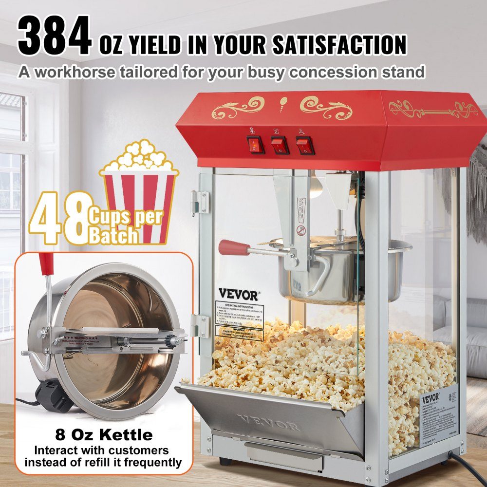 Machine à pop-corn Machine à pop-corn Machine à pop-corn 850 W, bouilloire de 8 oz pour 48 tasses par charge, machine à pop-corn de comptoir avec verre trempé, comprend une machine de style cinéma à 4 boules