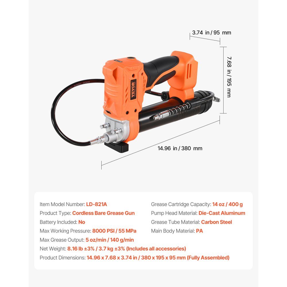 Akku-Fettpresse, max. 55 MPa, Fettpresse mit LED-Licht und Schlauch, 20-V-Batteriebetrieb und Auslöser, kompatibel mit 18-V-Makita-Batterien, zum Schmieren von Fahrzeugen oder Maschinen (nur Werkzeug)