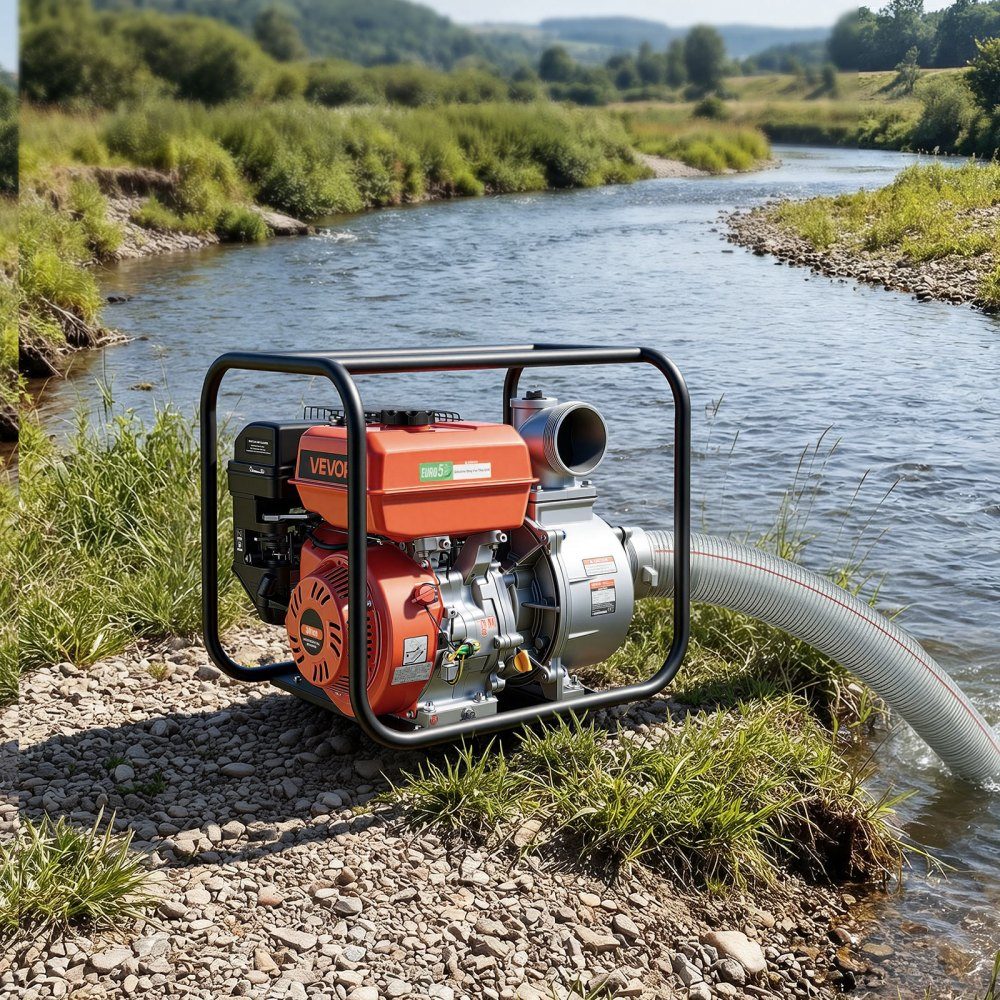 Pompe à eau essence 422 GPM, pompe à eau sale de 4 pouces, pompe à moteur de 8,3 CV portable avec tuyau de refoulement de 7,62 m et pompe de refoulement d'eau à turbine en fonte pour l'irrigation, le drainage, les chantiers de construction, les étangs