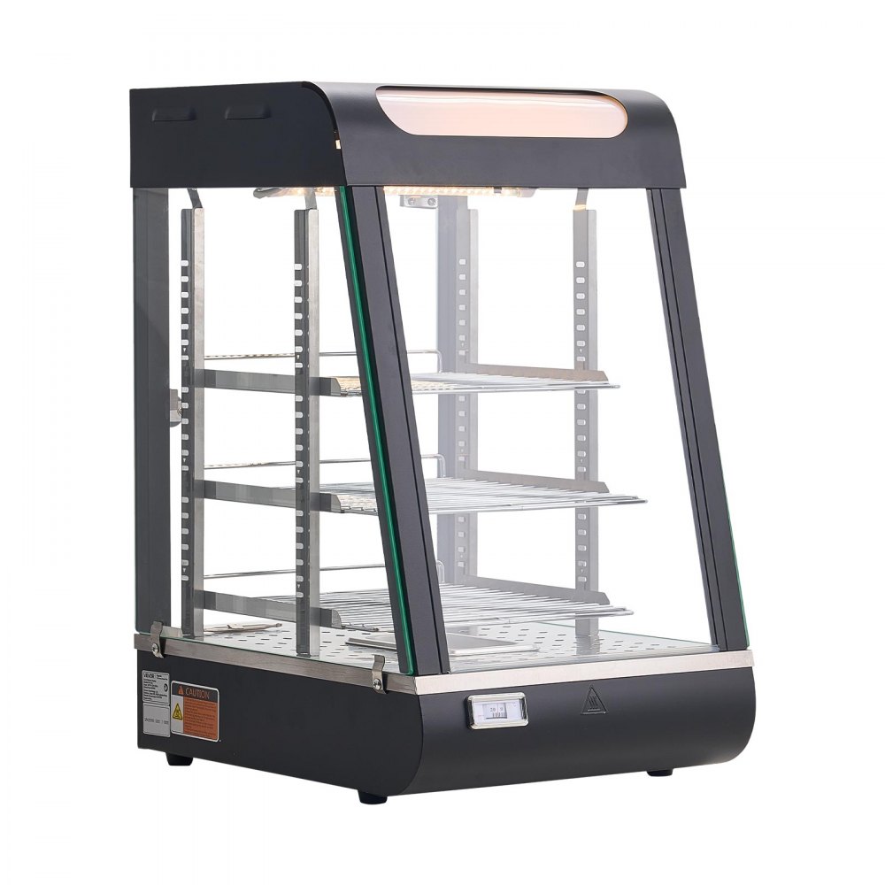Comptoir chauffant à 3 niveaux 57 L, vitrine chauffante 800 W, comptoir chauffant 30-85 °C, chauffe-plats avec éclairage LED et étagères réglables, vitrine alimentaire pour hamburger pizza pain poulet frit