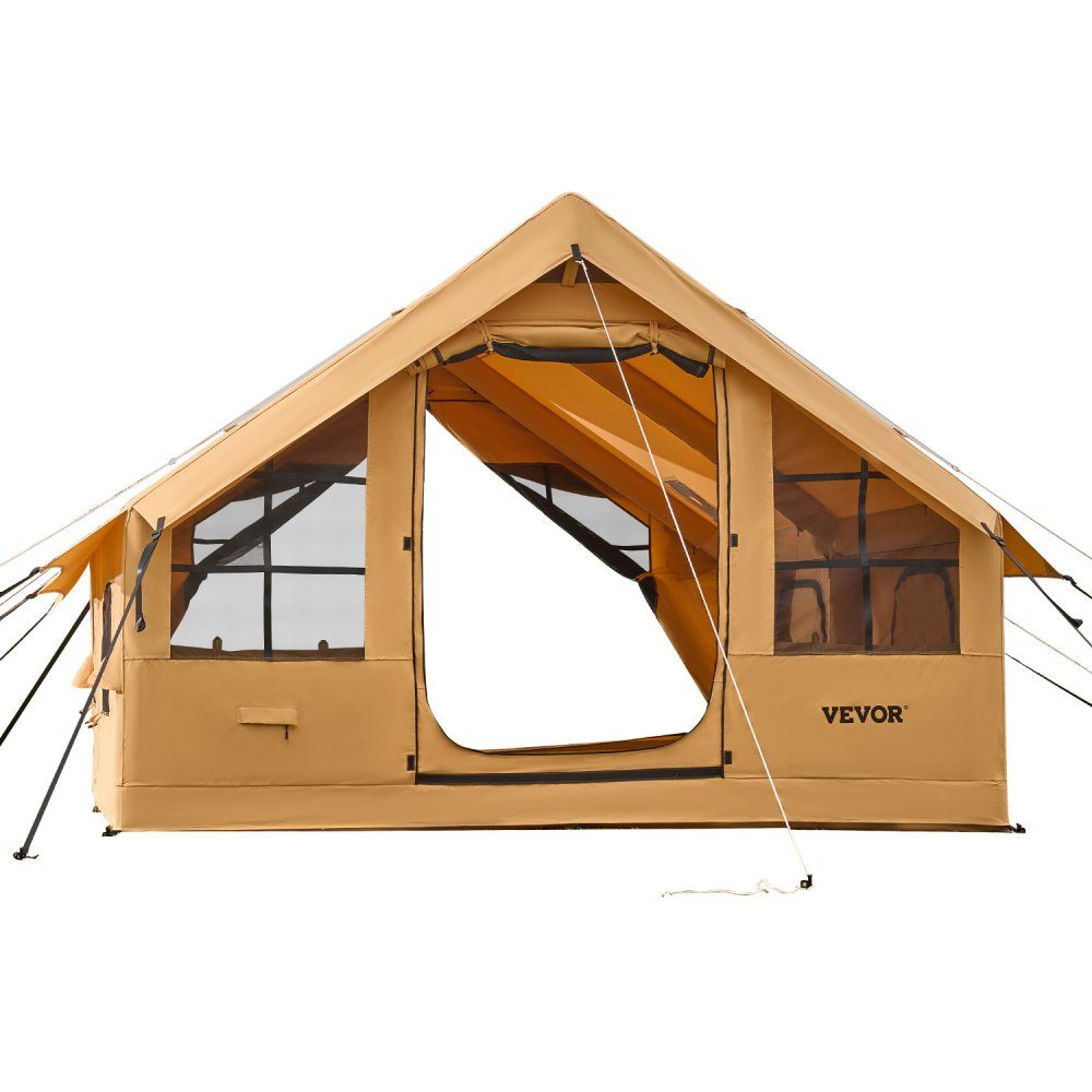 Aufblasbares Zelt für Camping, Zelt für 5–8 Personen mit Handpumpe, 4 x 3 x 2,2 m großes Glamping-Zelt mit 2 Oberlichtern, Vordach, Herdanschluss, 2 Türen, Netzfenstern und Aufbewahrungstasche