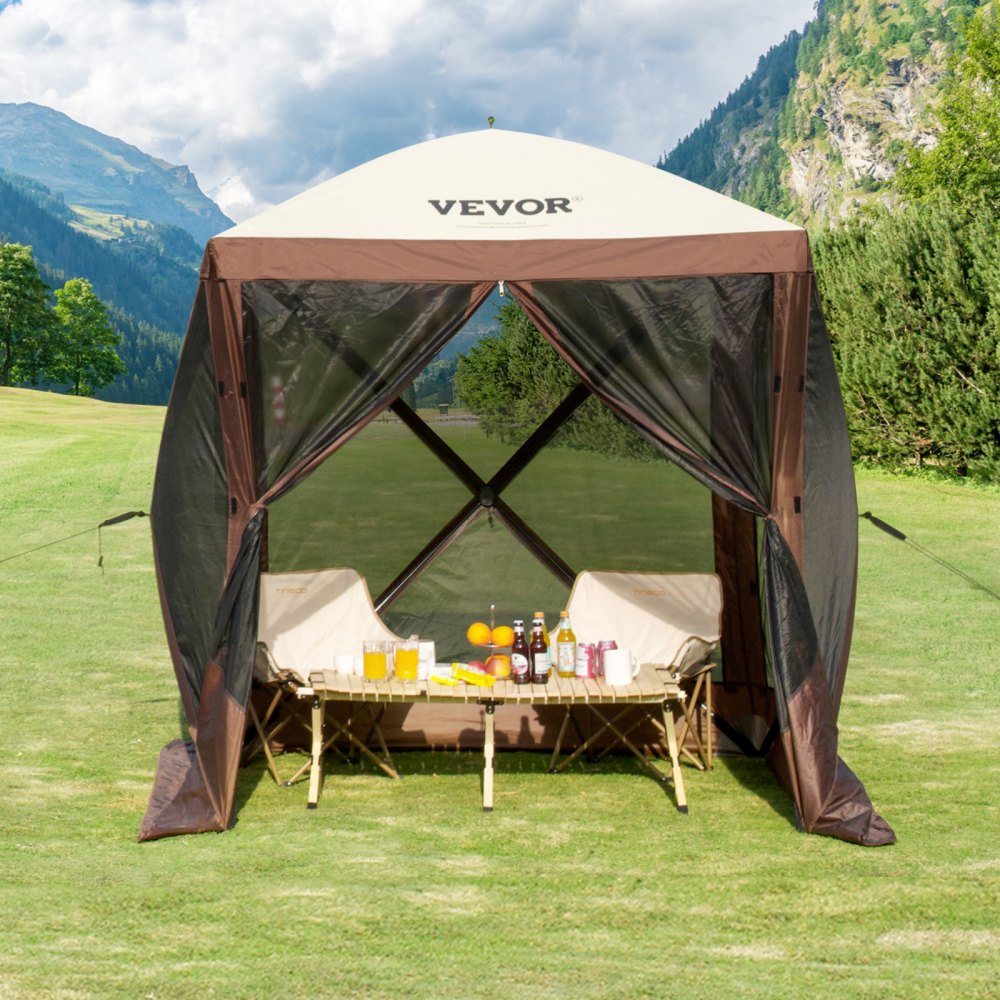 Pop-Up-Pavillon-Zelt, Pop-Up-Zelt mit 4 Seitenüberdachungen, Sonnenschutz mit 4 abnehmbaren Sichtschutz-Windtüchern und Netzfenstern, 6 x 6 Fuß, schnell aufzubauendes Zelt mit Moskitonetz, Braun