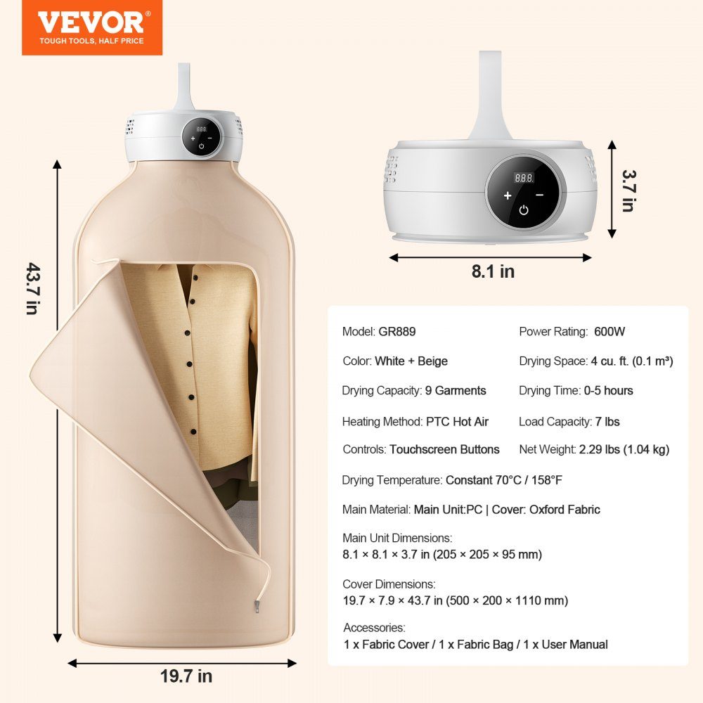 600W Portable Tumble Dryer, Rotary Clothes Line with Dryer Bag, PTC Heater and LED Display, Foldable Mini Dryer with 5 Hour Timer for Apartments, Dorms, RVs or Hotels