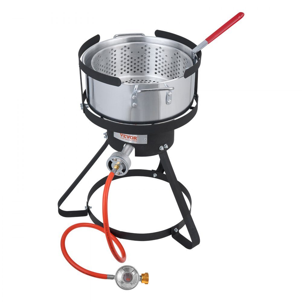 Fischfritteuse, Flügelfritteuse, 9,35 l, Propan-Fischfritteusen-Set, Aluminium-Meeresfrüchtetopf für den Außenbereich, mit Thermometer, Siebkorb und 54.000 BTU-Propanbrennern für das Kochen im Freien