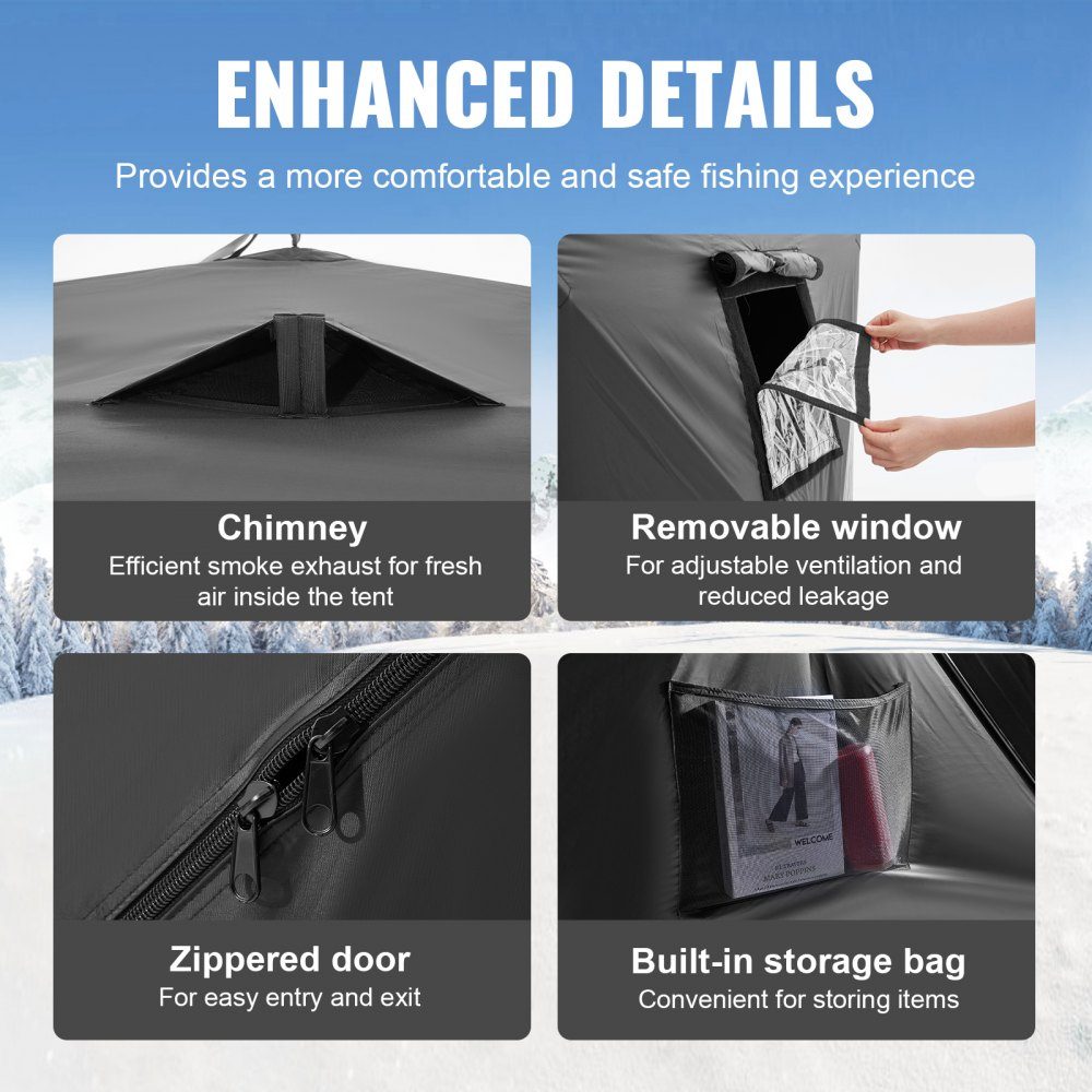 Portable Ice Fishing Tent, Pop Up Ice Fishing Tent for 6-8 People, 300D Oxford Fabric Fishing Tent, Fishing Umbrella, Ice Hut for Winter Fishing, Tent with Anchors/Rope/Carry Bag, 3.6x1.8x2m, Black