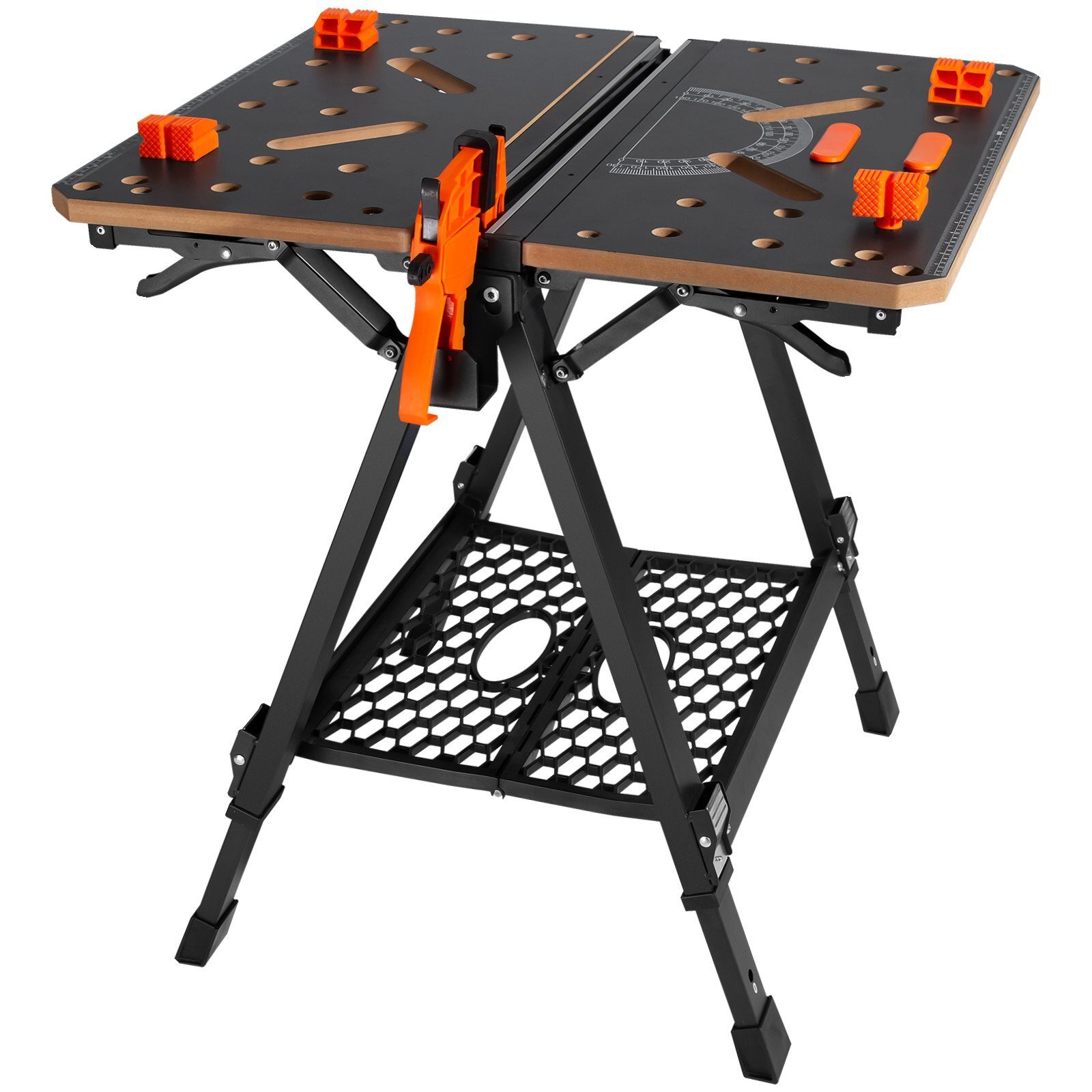 Work and clamping table 454kg load capacity 70x65cm Large work surface Foldable 60-92cm Height-adjustable workbench MDF table top Q195 steel frame Work table for sawing grinding cleaning