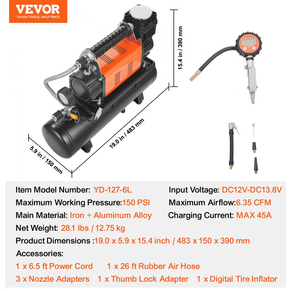 12-V-Hochleistungs-Luftkompressor mit 6-Liter-Tanksatz, 6,35 CFM tragbarer Reifenfüller, 150 PSI Off-Road-Luftkompressor mit digitalem Manometer, Reifenfüller für LKWs, Autos, SUVs, Allradfahrzeuge, Wohnmobile