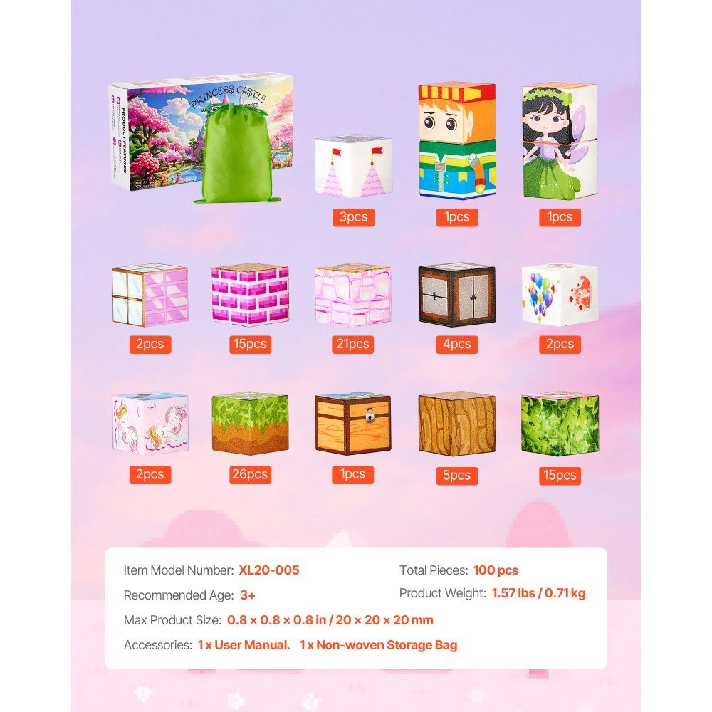 Blocs de construction magnétiques, ensemble de château de princesse de 100 pièces, blocs magnétiques, jouets STEM Montessori pour cadeau de Noël et d'anniversaire, jouet de construction à empiler, à partir de 3 ans