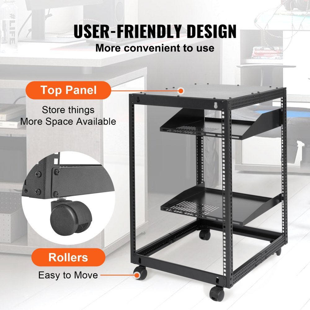 15U-Server-Rack mit offenem Rahmen, 15''-40'' verstellbare Tiefe, freistehender oder an der Wand montierter Netzwerk-Server-Rack, 4-Pfosten-AV-Rack mit Rädern, bietet Platz für Ihre gesamte Netzwerk-IT