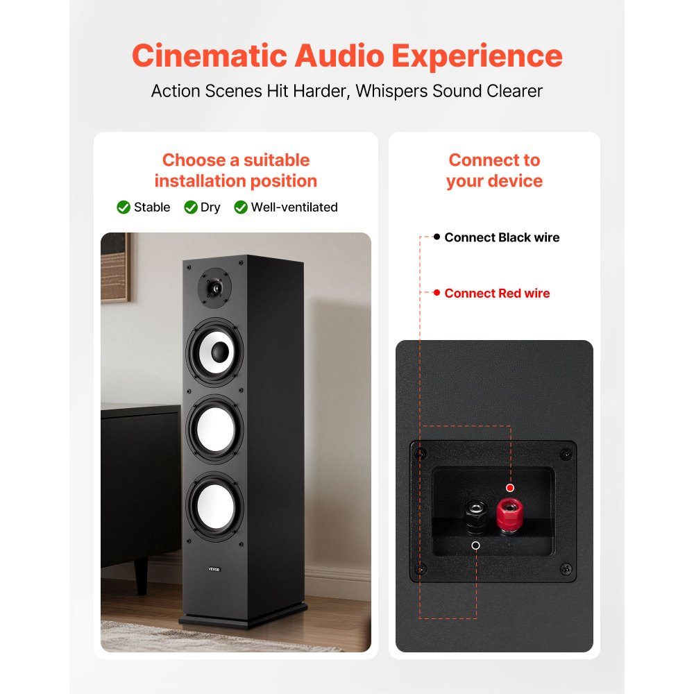 Passive floorstanding speaker, 2-way system with 1" tweeter, 6.5" woofer, 200W peak power, 70Hz-20kHz frequency response, robust MDF housing, for home audio, single