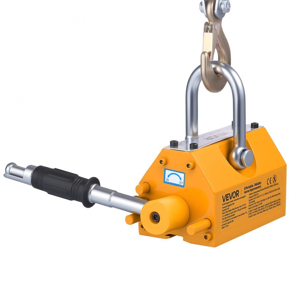 Lasthebemagnet Permanentmagnetheber 400 kg Zugkraft Lasthebemagnet mit Entriegelungsgriff & Stahlhaken, verwendet in Werkstattkränen und Hebezeugen, zum Heben von Stahlplatten, Brettern gelb