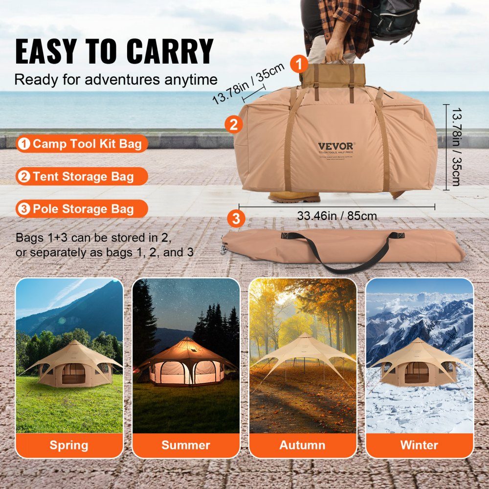 Bell Tent 5x2.8m Yurt Tent TC Cotton and Heavy Duty Iron Poles with Oxford Cloth Groundsheet Camping Tent Family Tent 8 Windows Group Tent for Outdoor Adventures