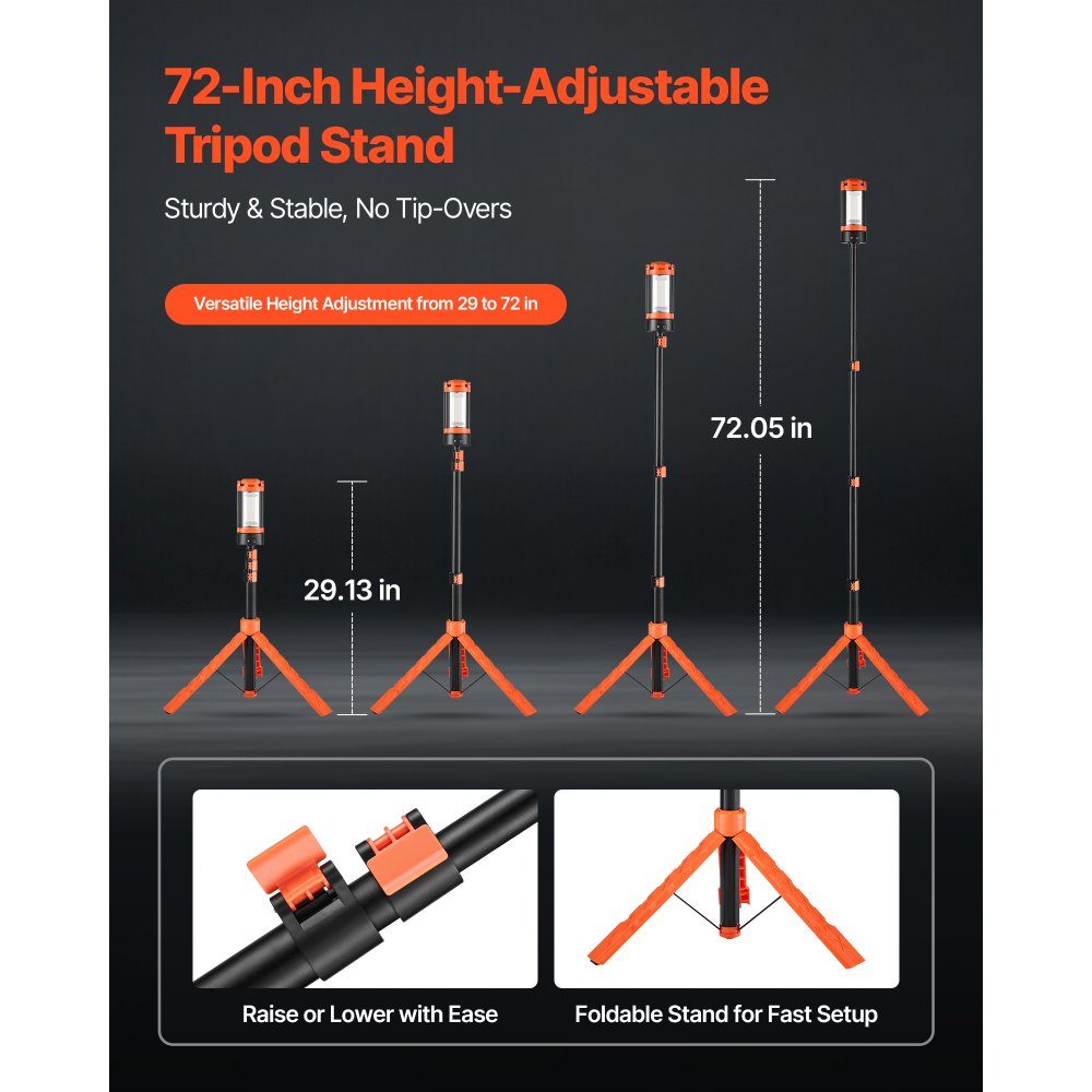 LED construction spotlight with tripod, work light, 13.2 Ah, rechargeable camping light, with 3 lamp heads, removable tripod stand, 2200 LM 3000 K-6500 K dimmable, lighting for the construction site