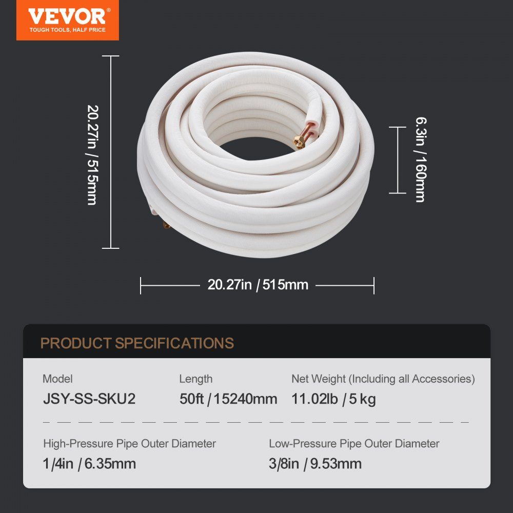 Kit de mini ligne divisée de 50 pieds, tubes en cuivre 1/4" et 3/8" OD avec isolation triple couche, pour mini climatisation divisée, équipement de Réf. rigération ou de pompe à chaleur et CVC avec