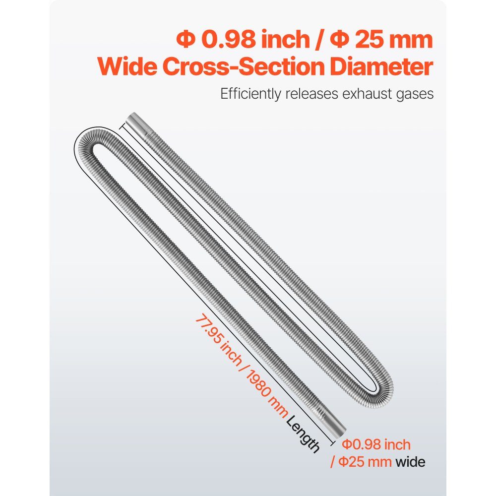 Exhaust pipe auxiliary heater Flexible exhaust hose 198 cm for car diesel heater with 2 clamps, stainless steel exhaust pipe with Φ 25 mm cross section for 2 kW / 5 kW / 8 kW diesel heaters air heaters