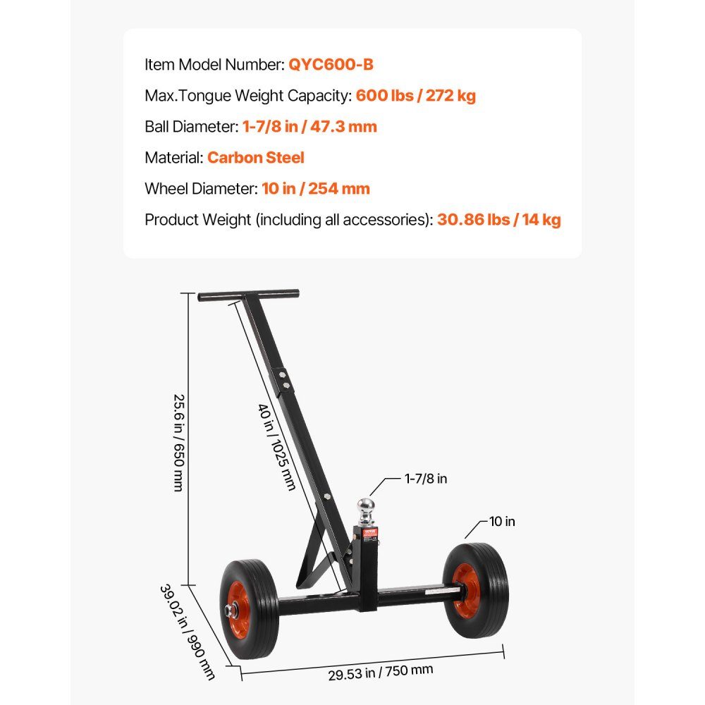 Rangierhilfeanhänger, Anhängerwagen, 272 kg Stützlast, 42 & 56 cm höhenverstellbar, 47,3 mm Kupplungskugel, 254 mm Vollgummireifen, zum Bewegen von Wohnmobil-Bootsanhängern