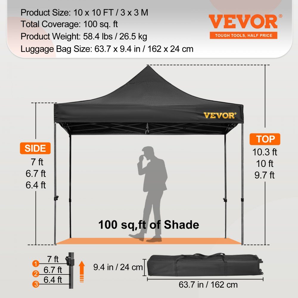 Vouwpaviljoen 3x3m Vouwpaviljoen 240g PVC gecoat polyester Pop-up paviljoen 1,95-2,13 m Verstelbare feesttent Tuintent Strandtent voor bruiloft of andere commerciële activiteiten