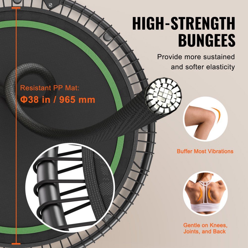 Opvouwbare minitrampoline fitness rebounder 1295 mm 205 kg veerkrachtige trainingstrampoline, rebounder sporttrampoline tuintrampoline met 4-traps in hoogte verstelbare handgreep & 42 spanbanden