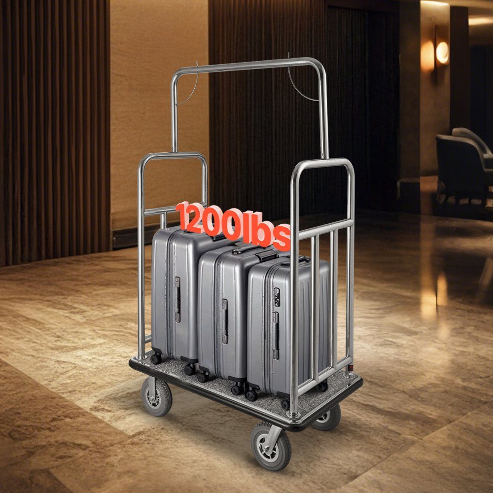 Hotel Luggage Cart, 1,000 Pound Capacity, Hotel Cart, Bellboy Cart, Luggage Cart, Valet Cart with Gray Carpet Floor and 8" Rubber Wheels, Ideal for Hotels, Condos, Resorts, Silver