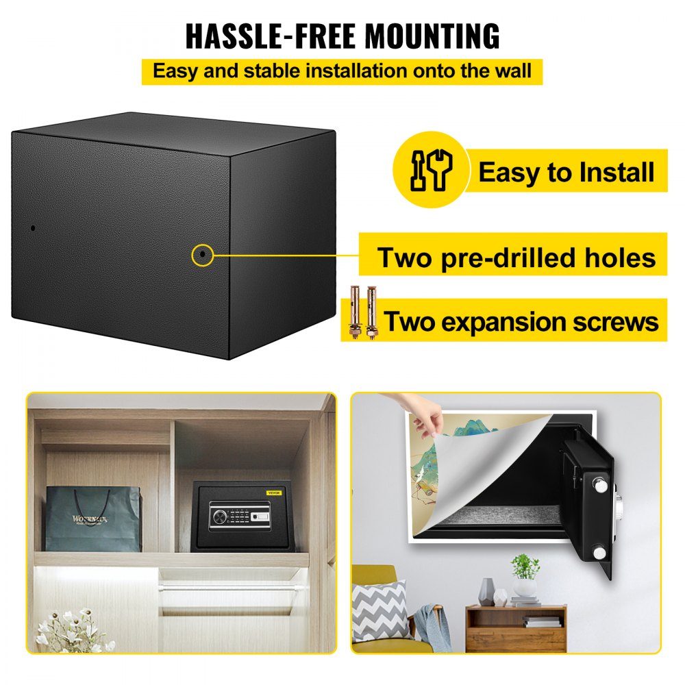 Safe 0.0227 m³, furniture safe 10kg load capacity, wall safe black dustproof with fingerprint code digital keyboard key 4 locking systems security safe apartment hotel office