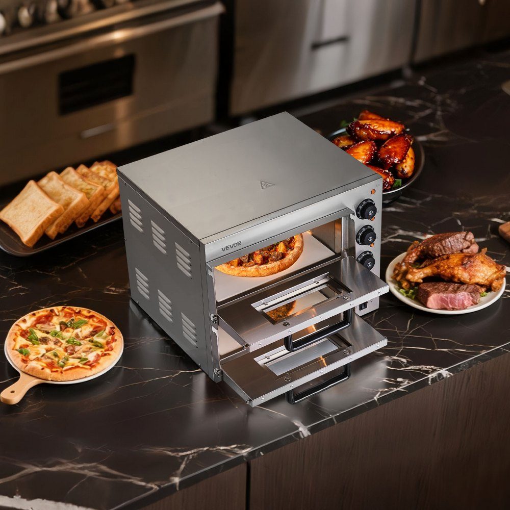Commercial Countertop Pizza Oven, 14 Inch Double Decker Layer Stainless Steel Electric Pizza Oven with Stone and Handle, Multipurpose Indoor Pizza Machine for Baking Pretzels in Restaurant at Home