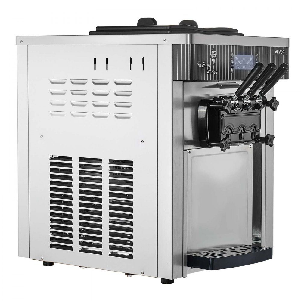 Commercial ice cream machine 20-28 L/h output, soft ice cream machine 2200 W with 2 x containers (6 L), pre-cooling, self-cleaning and LED display, table device for snack bars, dessert shops and cafes, silver