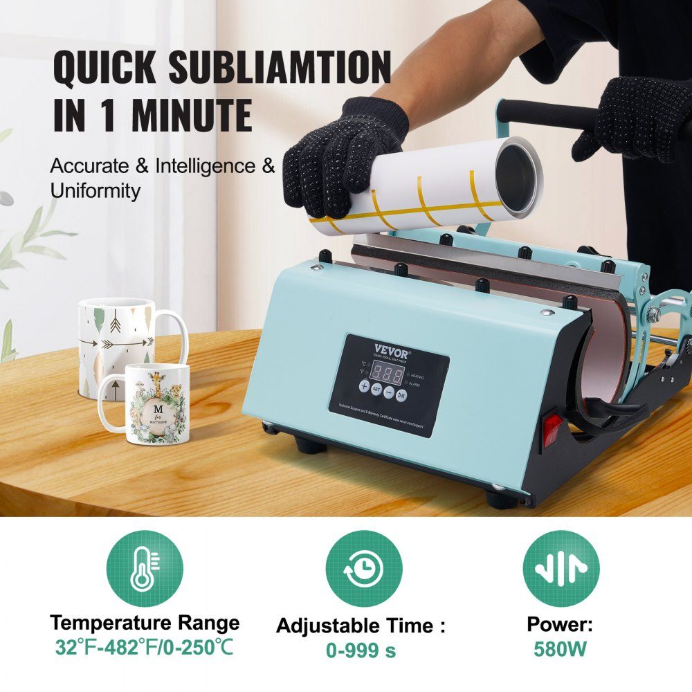 Tumbler Heat Press, 11-30oz mokpers, snelle en gelijkmatige verwarming, tuimelaarpers met sublimatiepapier, tape en handschoenen, temperatuur- en tijdinstelling, voor sublimatiemokken, kopjes, mokken, groen